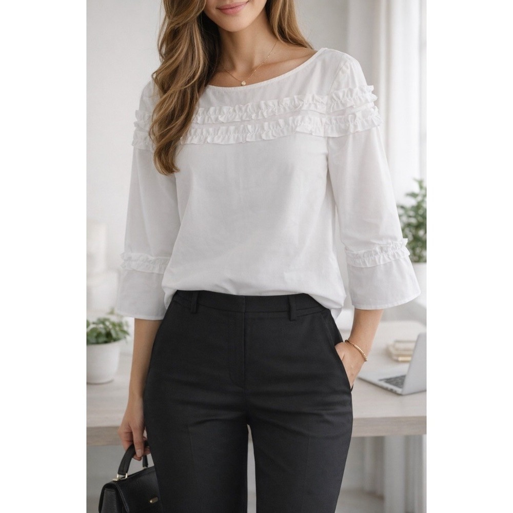 Talbots White Ruffle Blouse Women's Small 3/4 Sleeve Office Casual Top